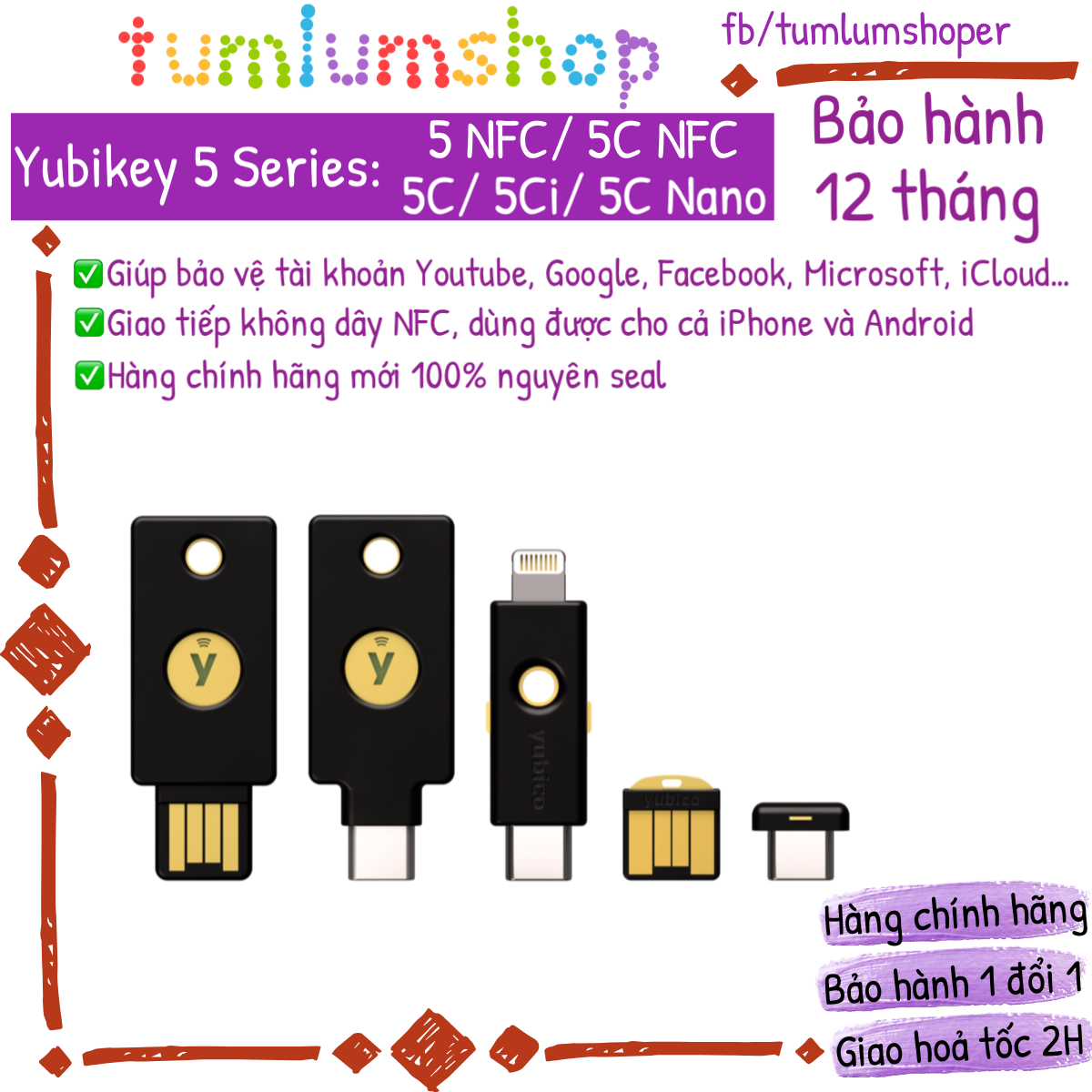 Yubikey 5 5C Nano NFC Thiết bị bảo mật phần cứng xác thực 2 lớp