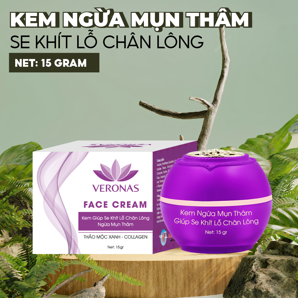 Kem ngừa mụn thâm dưỡng trắng da giúp se khít lỗ chân lông mờ thâm sẹo tinh chất thảo mộc xanh collagen Veronas 15g - Global Khải Minh Cosmetics
