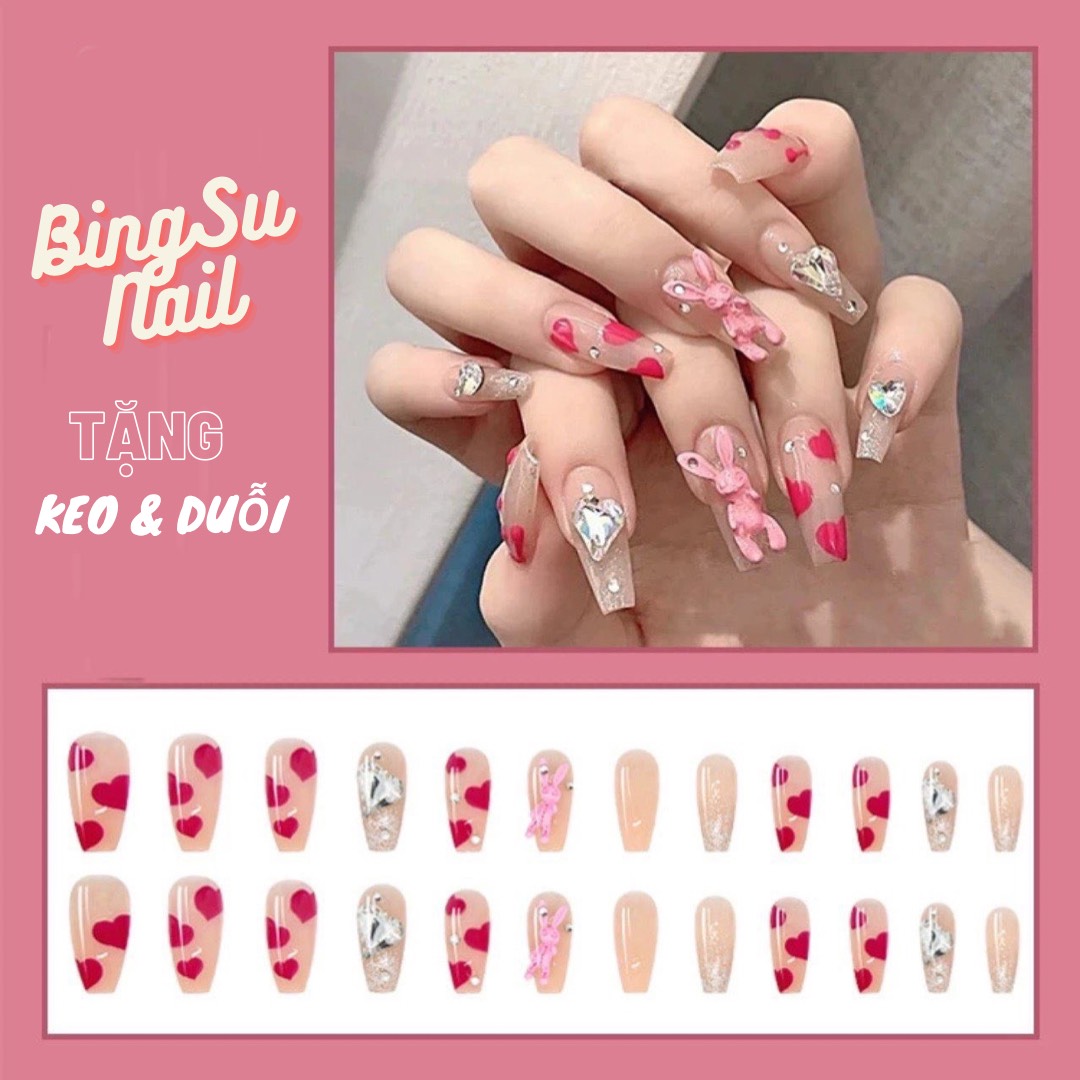 Set hộp 24 móng tay giả siêu xinh , móng tay mẫu gấu hồng siêu hot