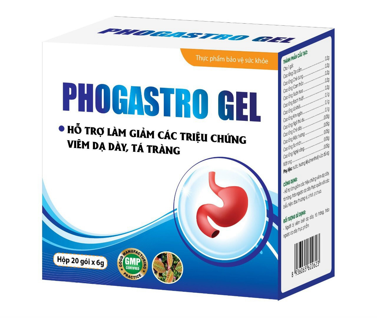 Phogastro Gel giảm đau dạ dày, giảm trào ngược dạ dày, giảm viêm loét dạ dày, tá tràng - Hộp 20 gói x 6g