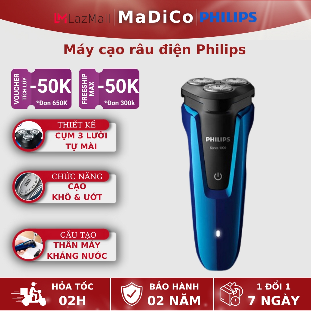 Máy cạo râu điện philips s1020 s1050 s1060 thiết kế lưỡi tròn, cạo khô và ướt - bh 24 tháng - madico 360