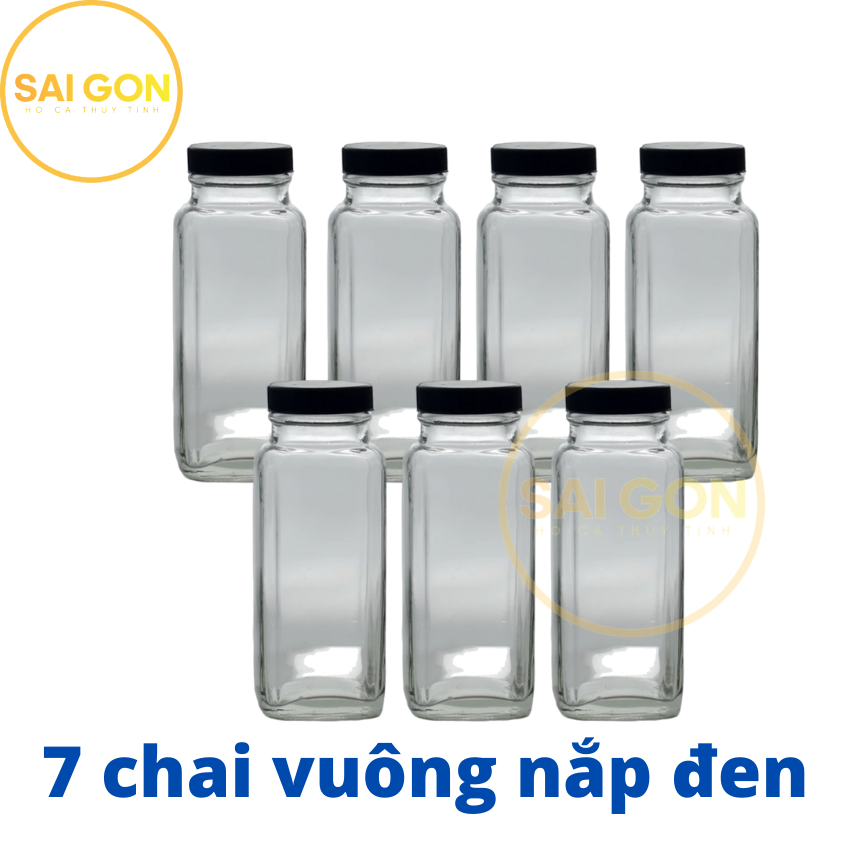 [HCM]7 chai thuỷ tinh 250ml dáng vuông TẶNG nắp đen SG-B035