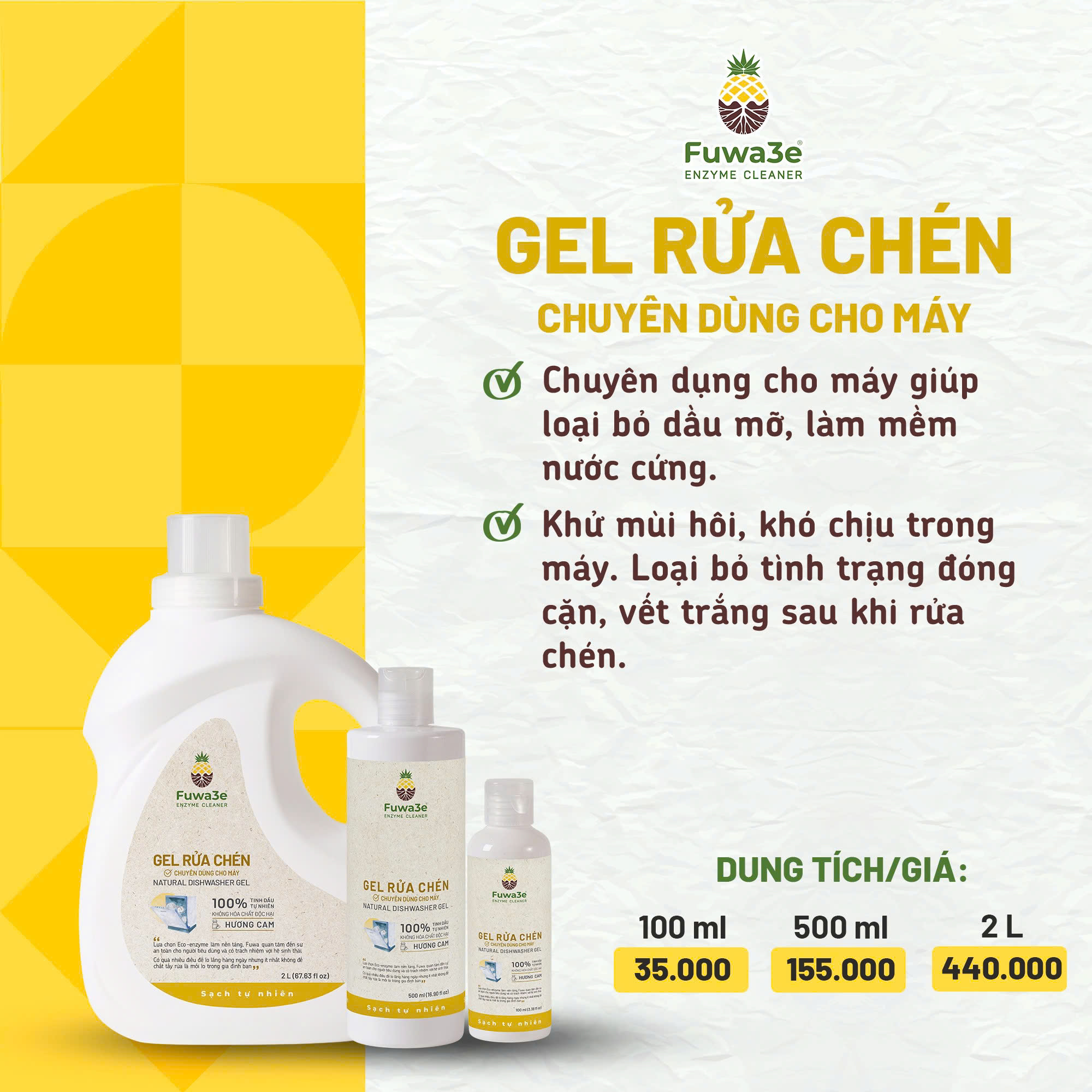 Nước rửa chén cho máy rửa chén bát Fuwa3e hữu cơ sinh học dạng gel 2L