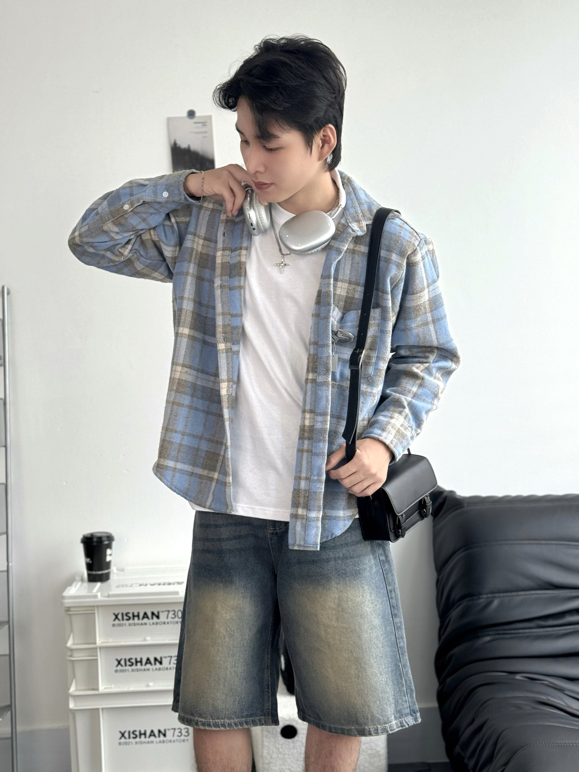 Áo sơ mi tay dài sọc caro unisex nam nữ flannel dom blue