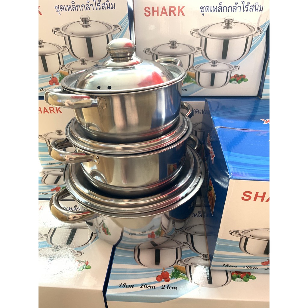 BỘ NỒI SHARK 3 CÁI CAO CẤP-Mua Bộ Nồi Thái Lan Inox 304 Không Rỉ Sét Dùng Được Cho Tất Cả Loại Bếp-Gồm 3 Nồi 24cm 20cm 16cm.Bảo Hành 12 THÁNG.