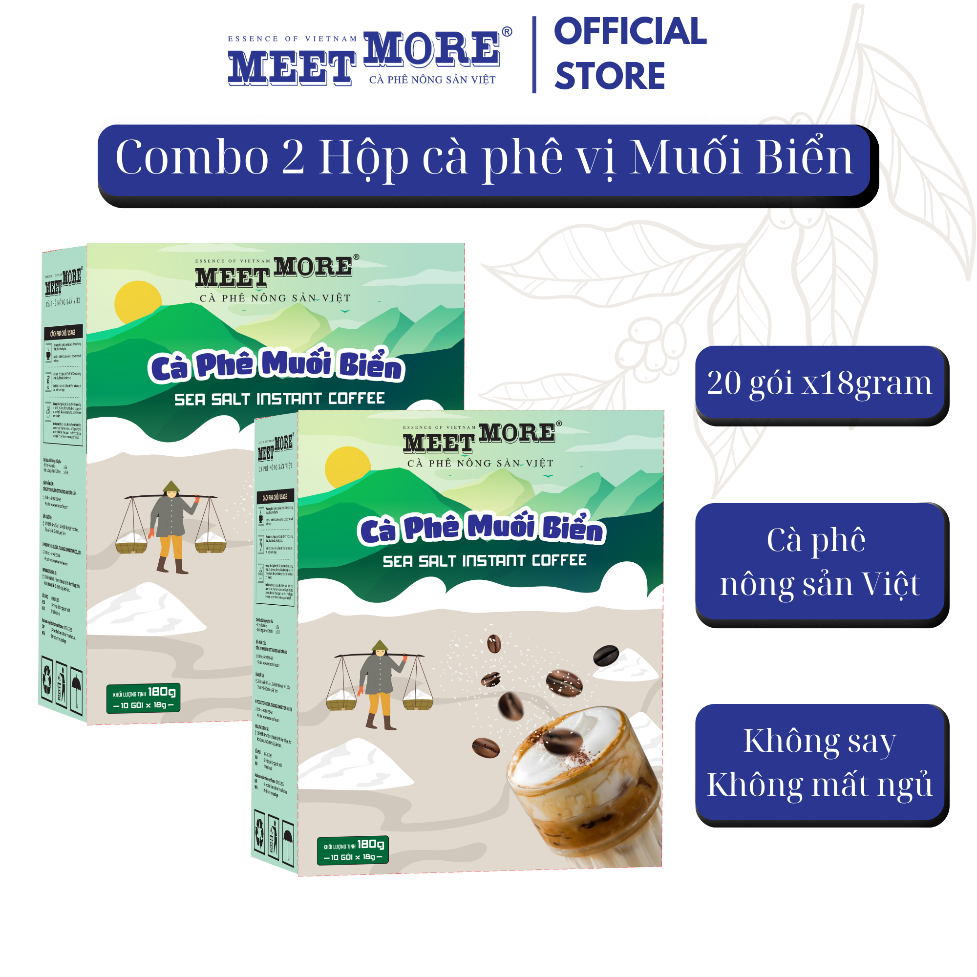 Combo 2 Hộp Cà Phê Muối Biển Meet More (10 Gói/18 Gram/Hộp) - Không Say, Không Mất Ngủ