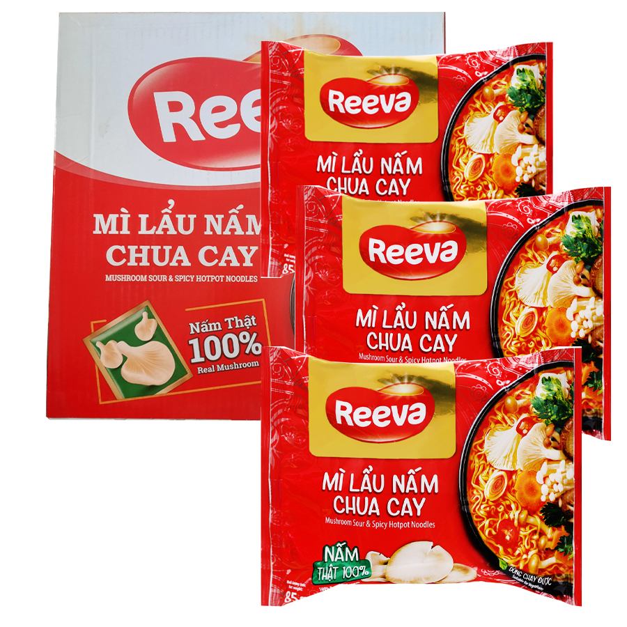 MÌ LẨU NẤM CHUA CAY REEVA - ĂN CHAY ĐƯỢC - 85G/GÓI - THÙNG 30 GÓI