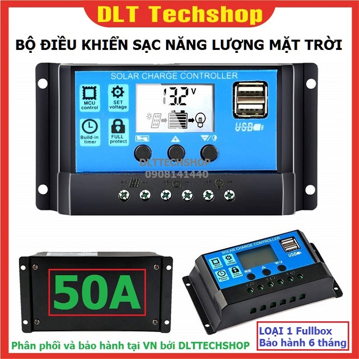 Loại 1+Fullbox Bộ sạc Pin Ắc Quy từ Bộ Điều Khiển Tấm Pin Năng Lượng Mặt Trời 50A 12V-24V 2 cổng USB 5v-2A