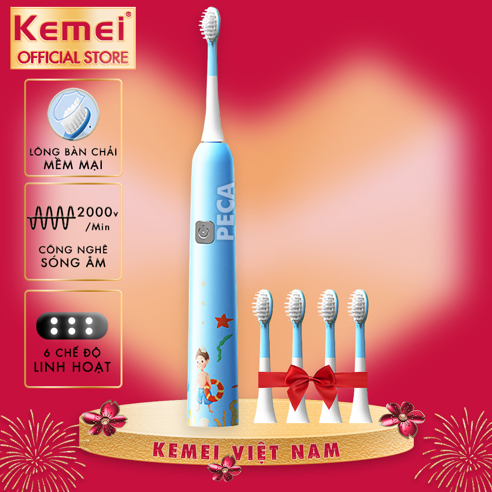 Bàn chải đánh răng điện trẻ em KEMEI KM-YS710 công nghệ rung siêu âm + Tặng 4 đầu bàn chải thay thế - Hãng phân phối chính thức