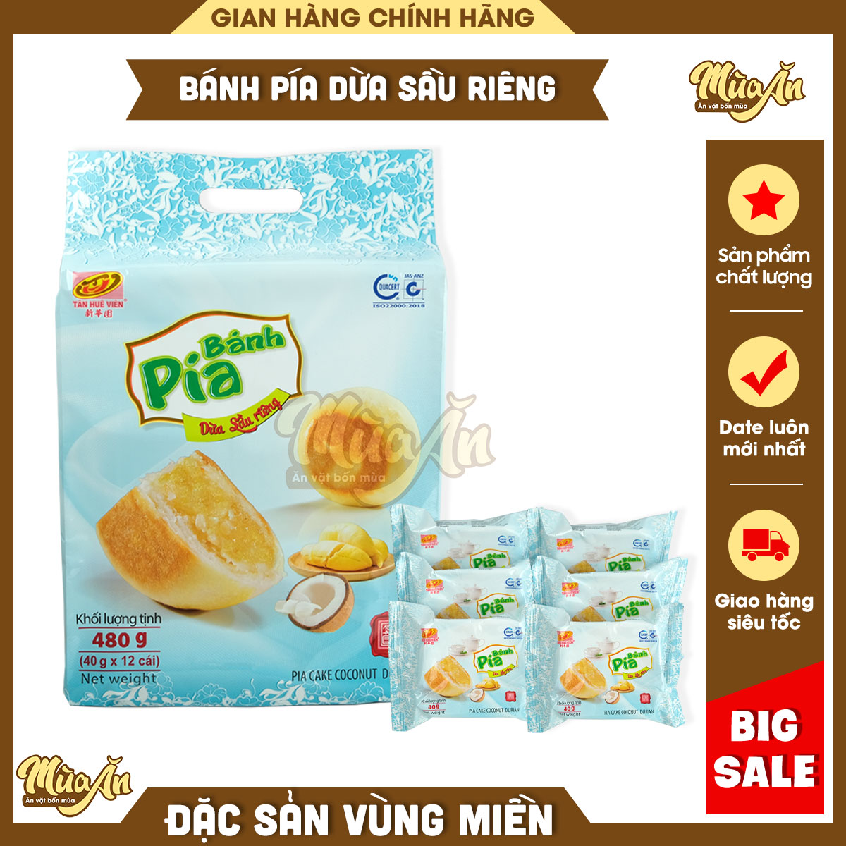 Bánh pía dừa sầu riêng 480g, Bánh pía dừa không trứng Tân Huê Viên, Bánh pía mini