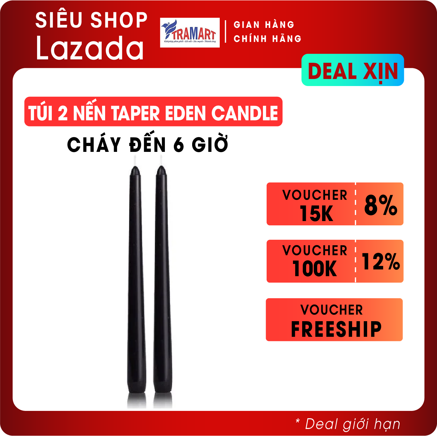 Nến thơm, Túi 2 nến taper Eden Candle FTRAMART EDC2300 cao 25cm (Đen), phù hợp tất cả các chân nến theo tiêu chuẩn nến taper