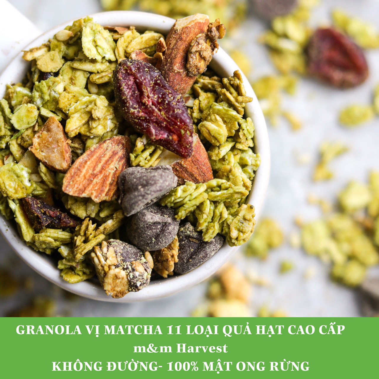 Granola mix 11 loại hạt quả vị matcha ăn kiêng không đường- granola nướng mật ong rừng giảm cân tự nhiên 500g| - 50% hạt quả