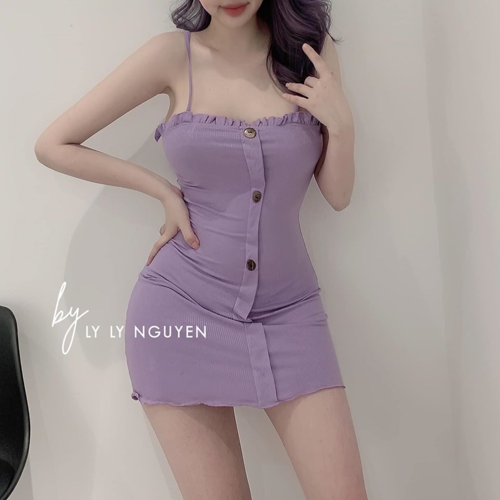 Đầm nữ váy body 2 dây viền bèo kết nút anly79