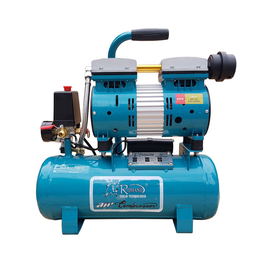 Máy nén khí, máy nén khí mini giảm âm romano 12l không dầu 0.75hp tặng kèm dây xoắn hơi+sung xì khô - bảo hành 12 tháng