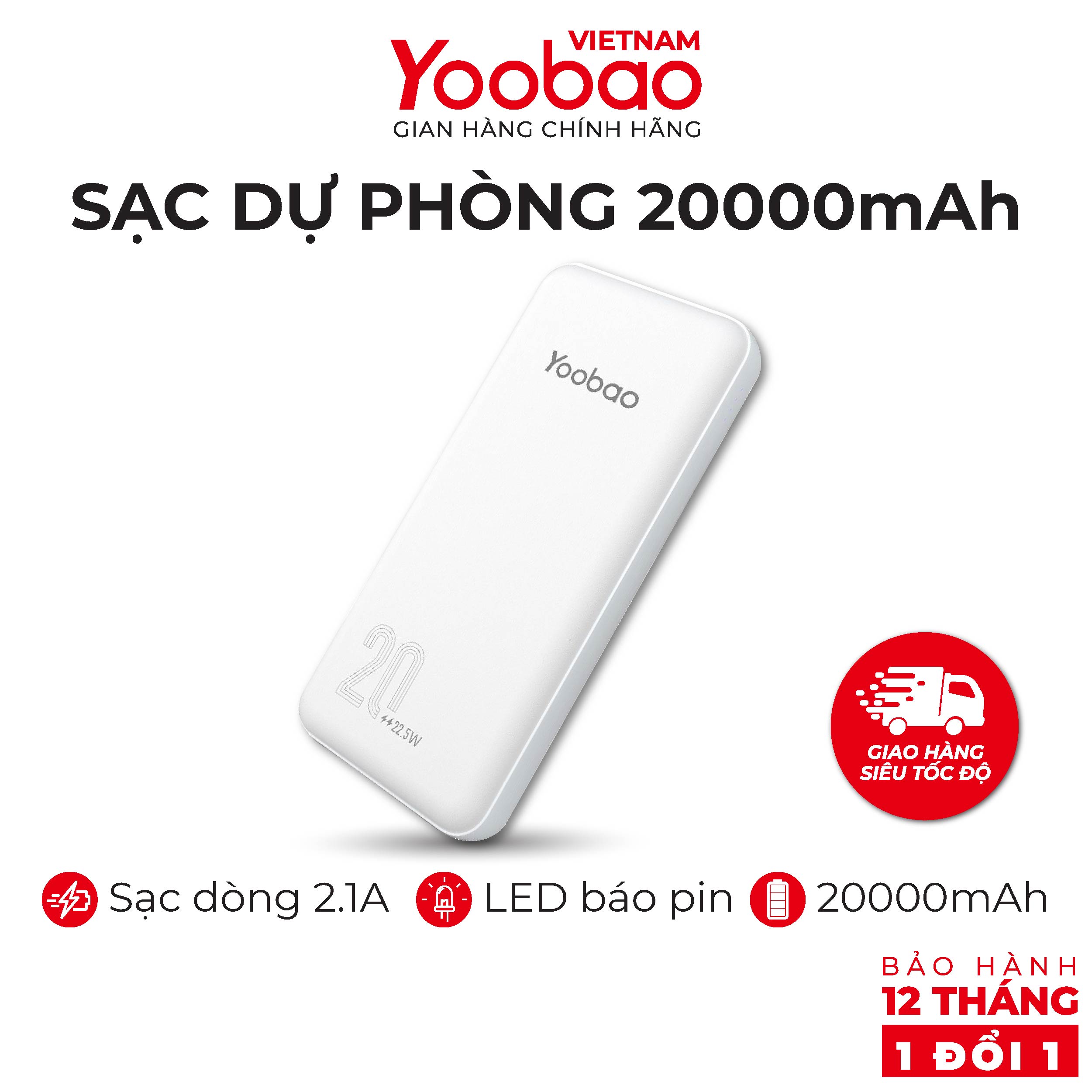 Sạc dự phòng 20000mAh Yoobao D20 - 2 cổng vào Type-C 2 cổng ra USB sạc đồng thời 2 thiết bị, Đèn LED báo pin - Hàng phân phối chính hãng - Bảo hành 12 tháng