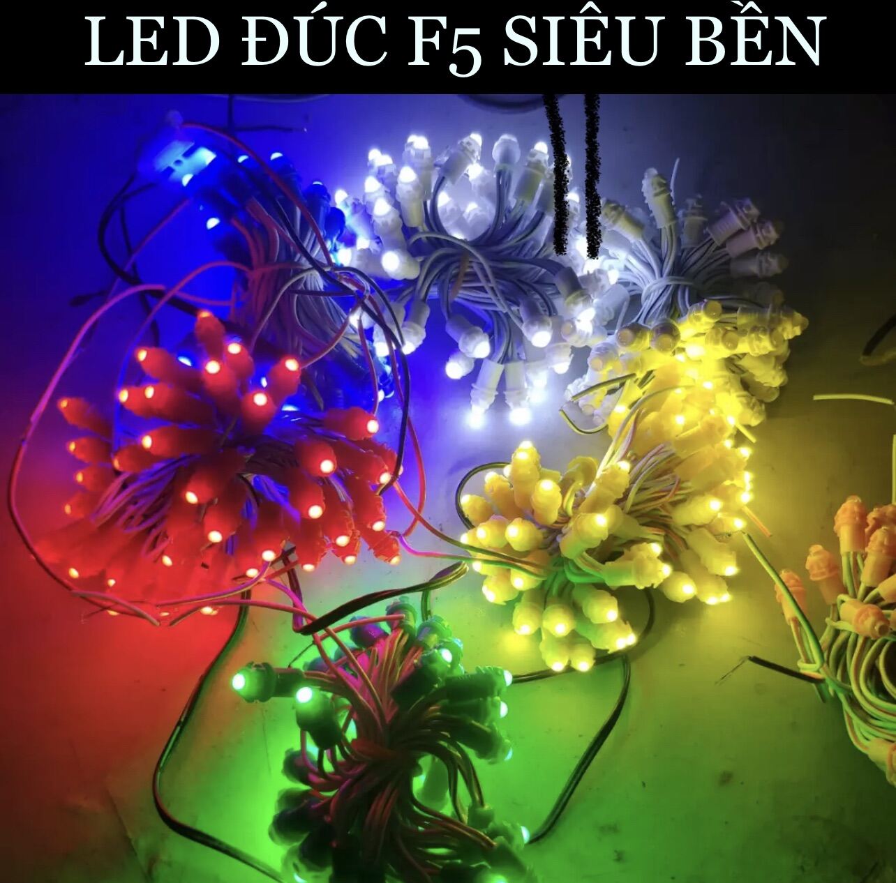 Led đúc F5, Led F5 dây 50 bóng dây đồng bọc nhựa quấn cây chịu nước điện 12V