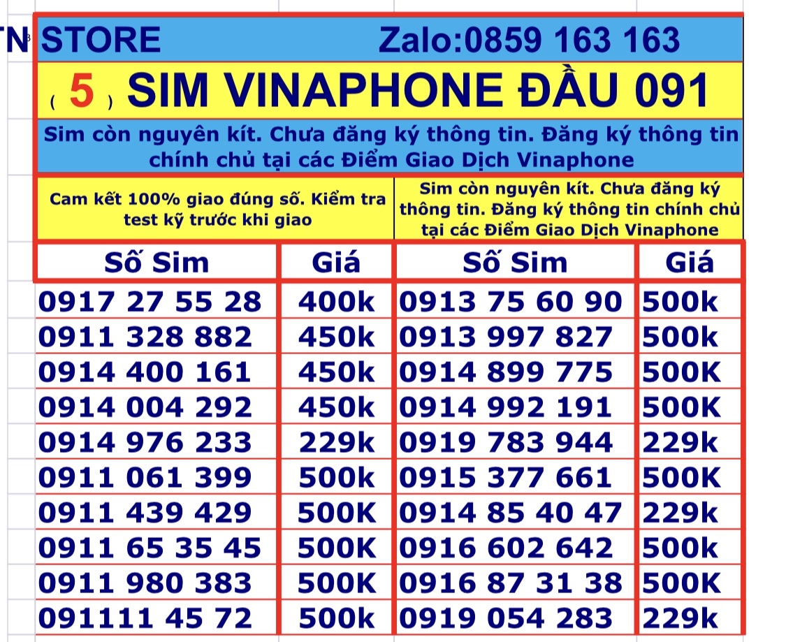 Sim vinaphone số đẹp đầu số 091 - sim vina trả trước