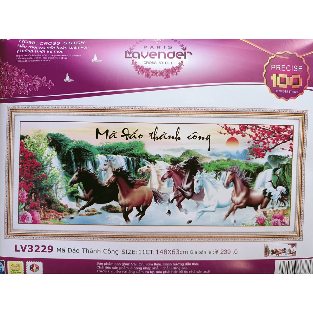 Tranh thêu Mã đáo thành công ngựa bát mã kích thước 120x60 cm