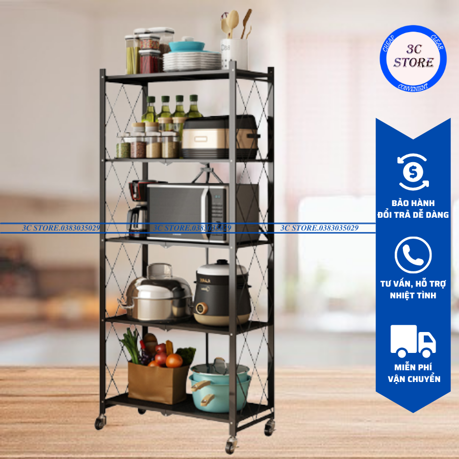 Kệ sắt - kệ để đồ đa năng gấp gọn có bánh xe - 5 tầng - tiện ích cho nhà bếp, phòng ngủ, phòng khách