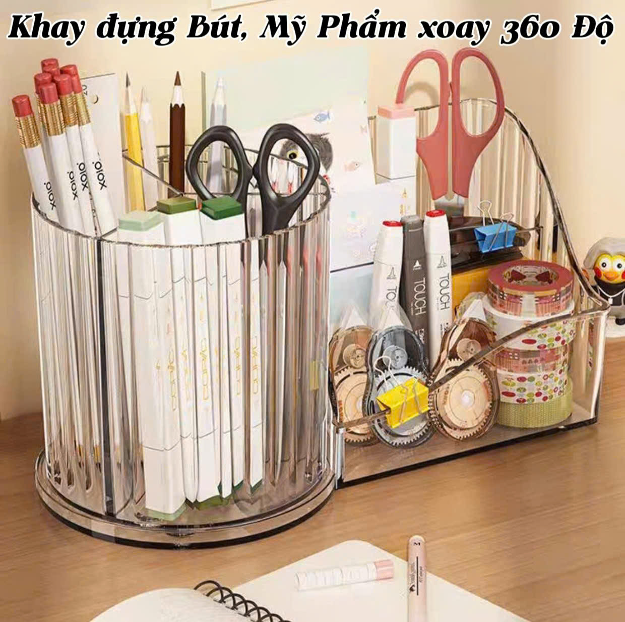  Khay Nhựa Đựng Trong Suốt Xoay 360 Độ 23924 - Khay Đựng Bút Cọ Trang Điểm Đồ Dùng Học Tập Vân Sọc Để Bàn Tiện Lợi ,khay nhựa ,ống đụng bút ống đựng cọ trang điểm hộp nhựa để bàn hộp 