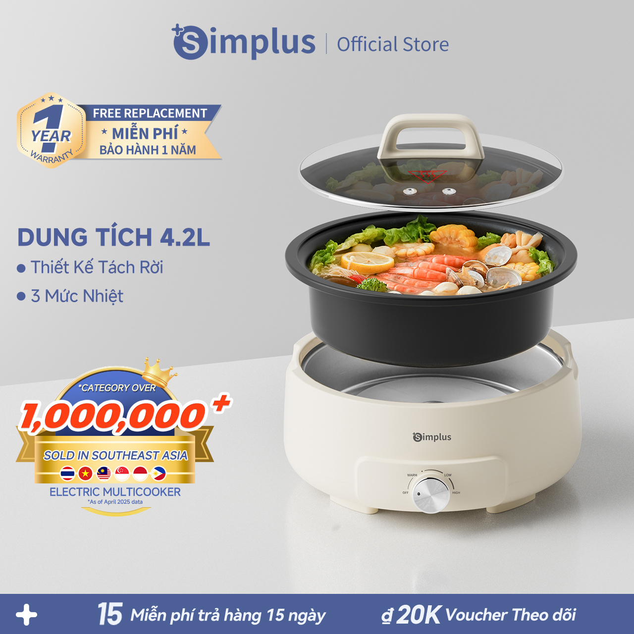  Simplus Nồi lẩu điện đa năng dạng tách rời 4.2L nồi điện chống dính gia dụng 1400W đun nấu hầm canh chiên xào beefsteak- Bảo hành 1 năm 1 đổi 1 