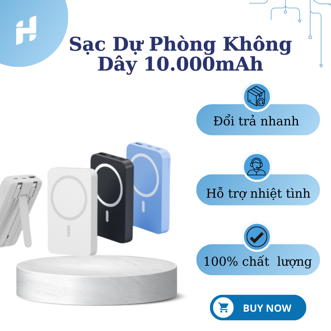 Sạc Dự Phòng Không Dây 10000mah, Pin Dự Phòng Không Dây Kèm 2 Dây Sạc Cổng Type c Lightning, Công Xuất Lớn 20W, Nam Châm Mặt Lưng, Sạc Nhanh An Toàn - BH 12T