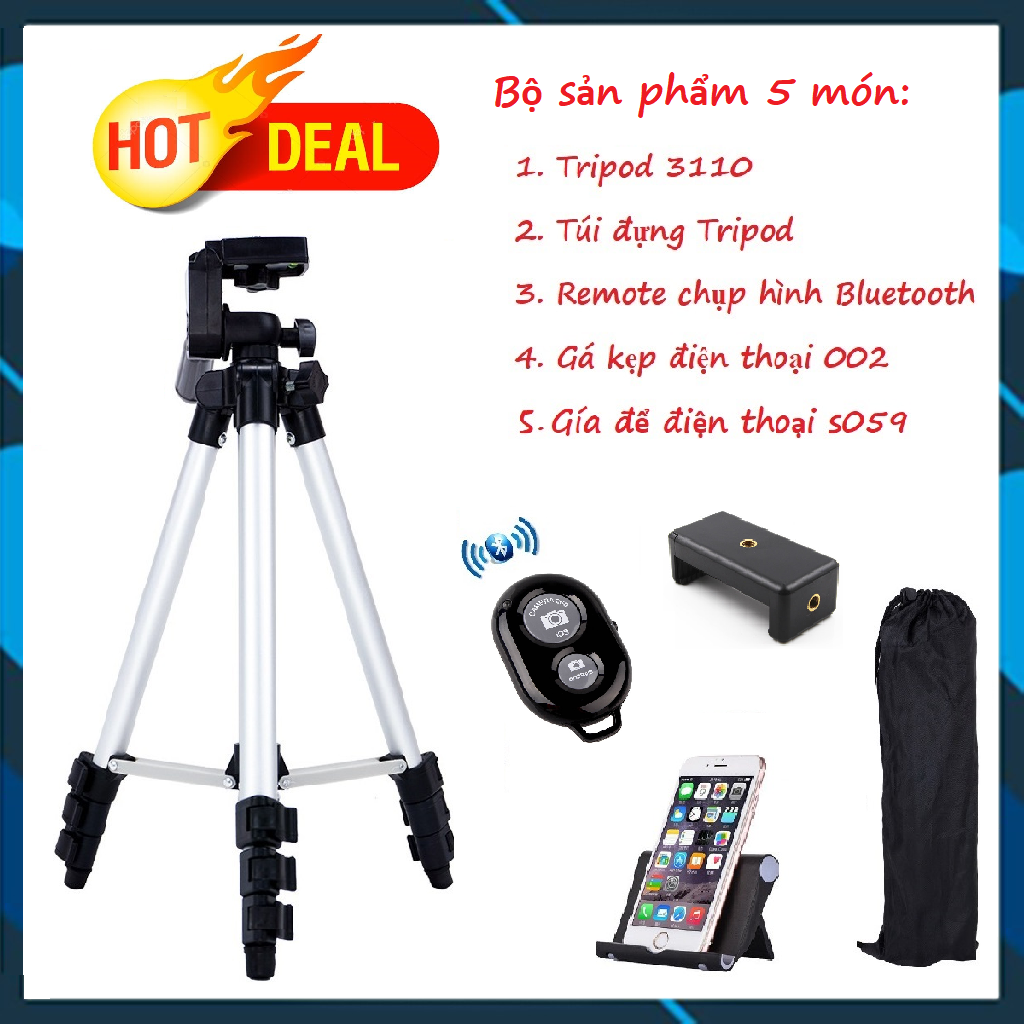 ⚡⚡ [HOT SALE] Chân đế chụp hình Tripod 3110 + Tặng 1 REMOTE chụp hình Bluetooth + 1 Gá kẹp điện thoại 002 + 1 Giá đỡ điện thoại S059 FUNO