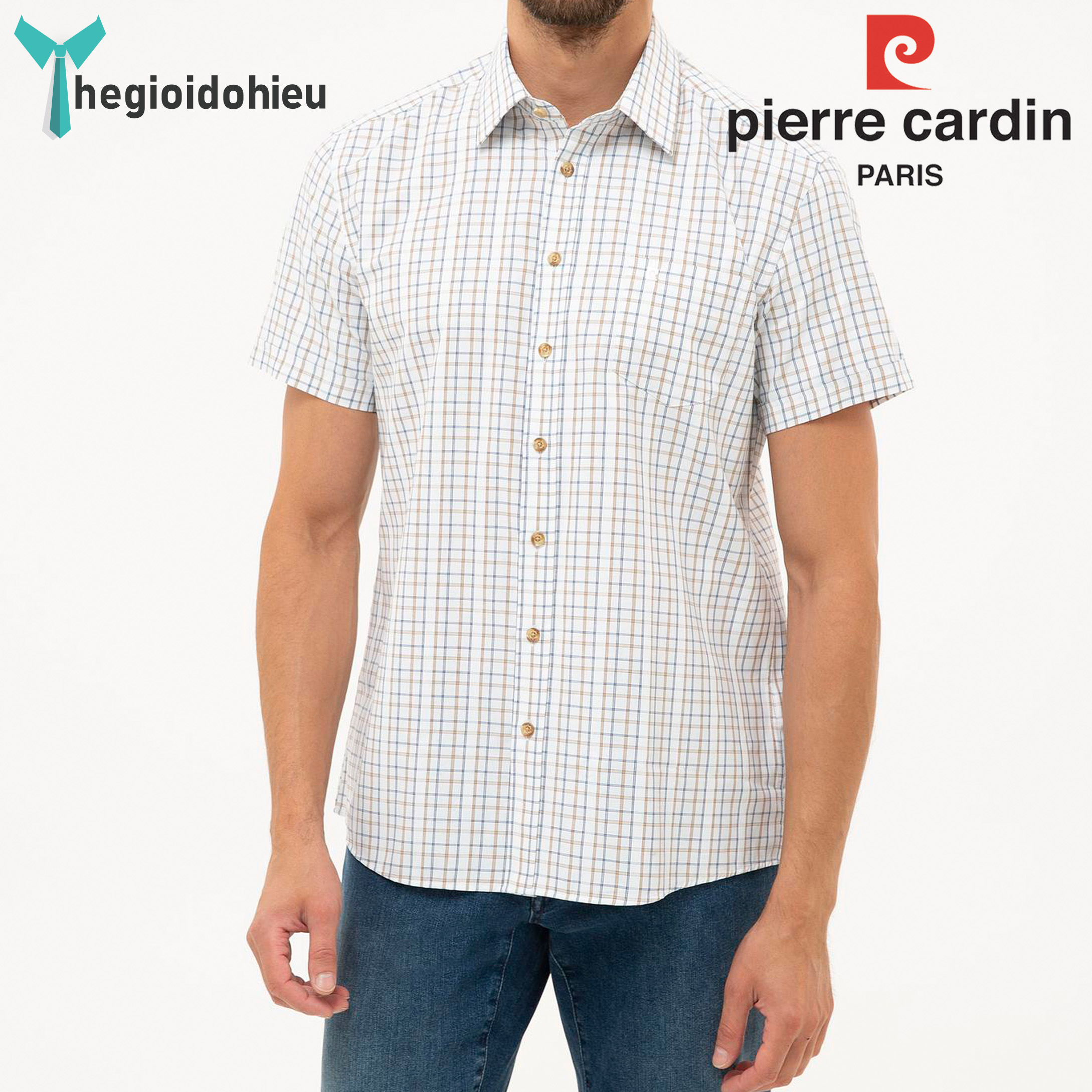  Áo sơ mi nam ngắn tay Pierre Cardin PCShirt80  Sọc caro nâu  - Hàng nhập khẩu - Có túi 