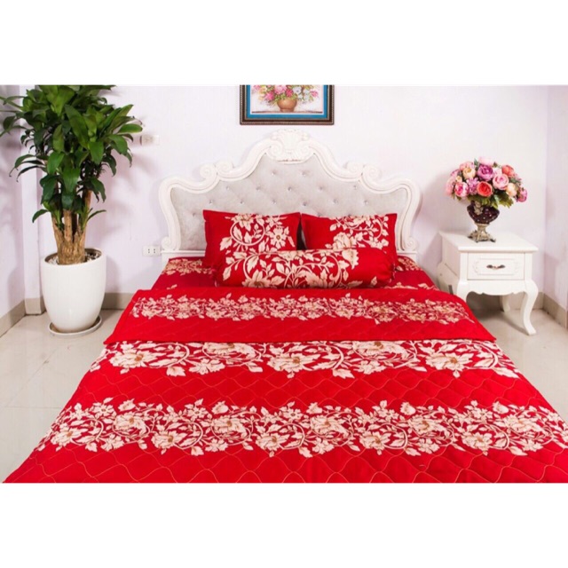 BỘ CHĂN GA COTTON POLY 5 MÓN HOA DÂY ĐỎ 1m6 x 2m - ( 1 Drap + 2 Áo Gối + 1 Áo Gối Ôm + 1 Chăn)