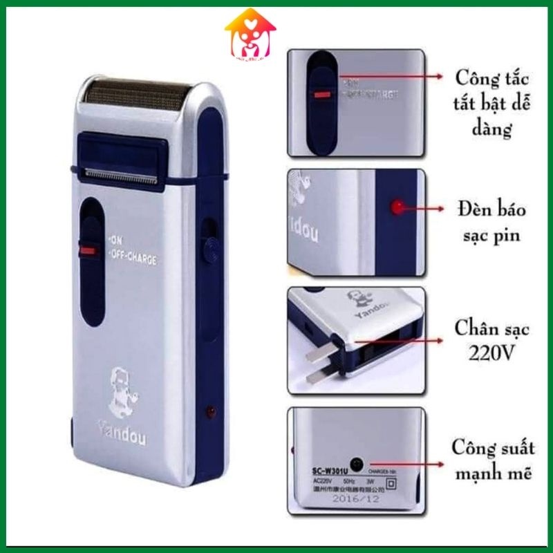 Máy cạo râu mini  chính hãng Yandou model SC-W301U mạnh mẽ siêu bền màu bạc