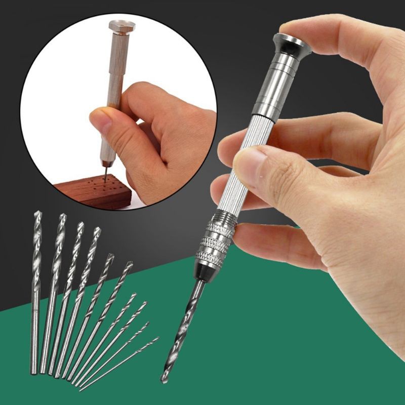 Khoan tay thủ công mini máy khoan cầm tay không dùng điện kèm 10 mũi khoan mini