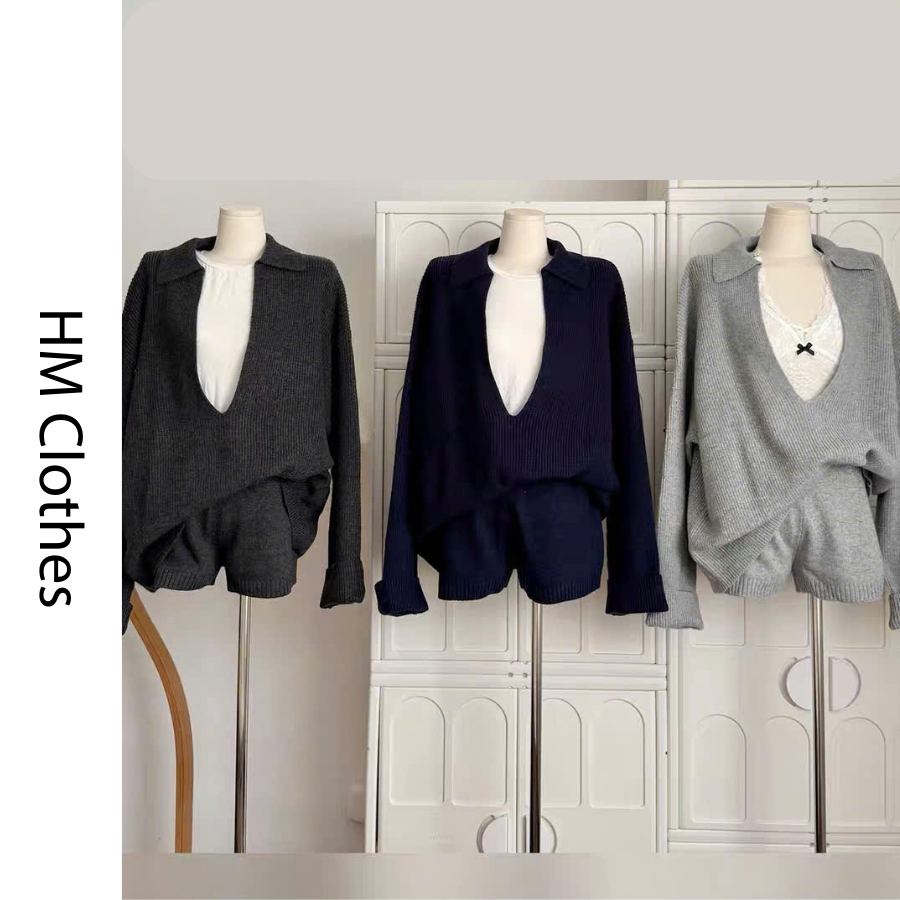 Bộ quần áo len thời trang cho nữ, cổ bẻ khoét sâu mùa thu đông, chất liệu dệt kim bó sát, quần đùi