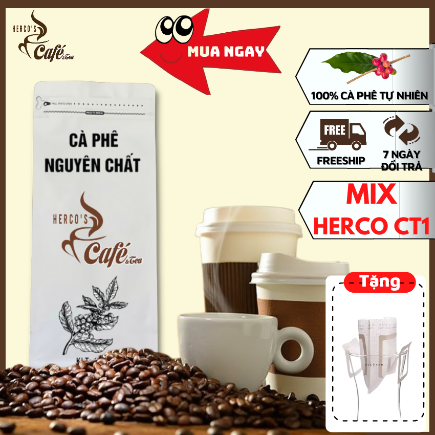 [FREE SHIP] 1KG Cà phê MIX HERCO CT1(100% cà phê hạt rang xay mộc nguyên chất) xay dùng pha phin - cafe pha máy