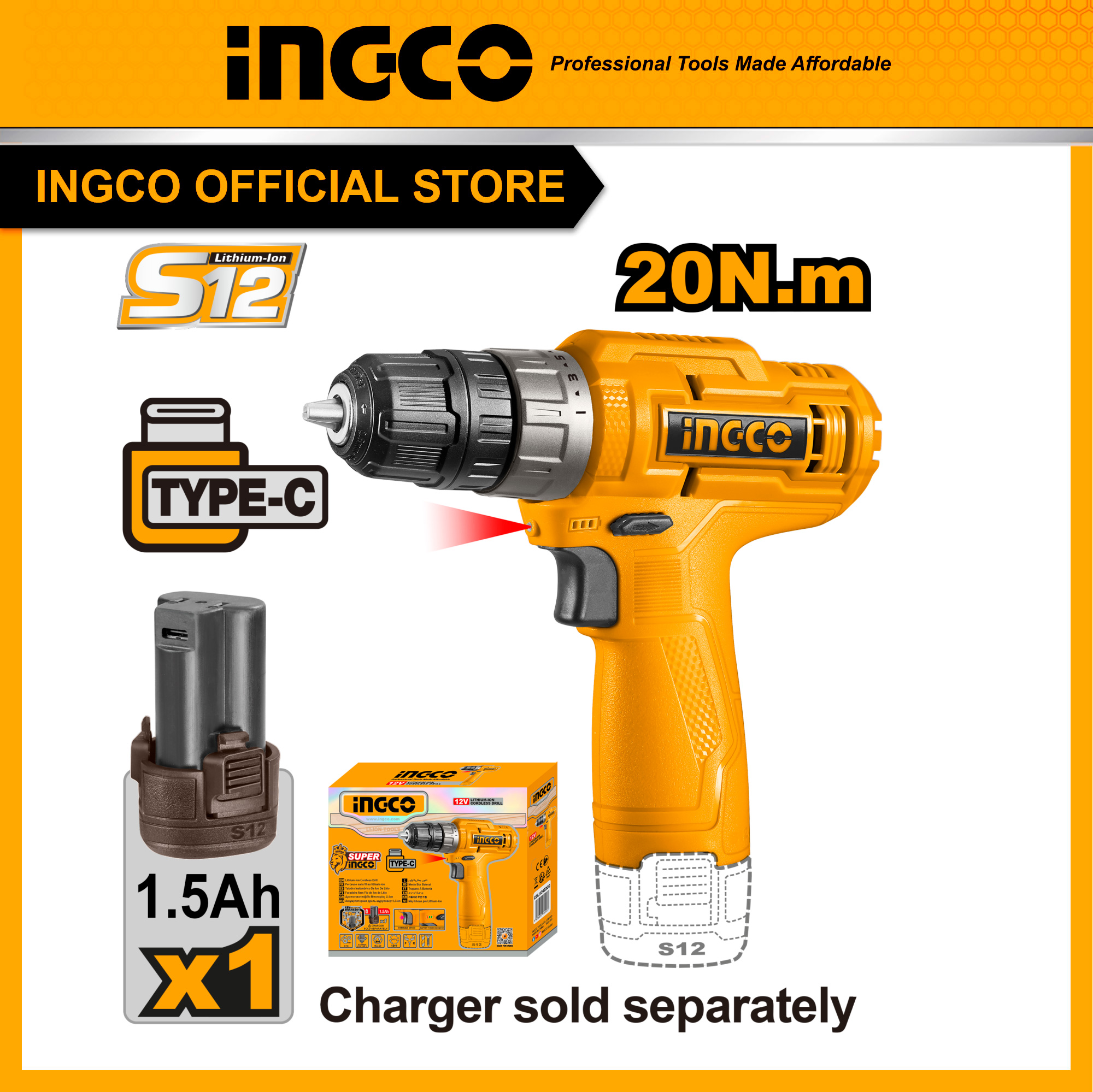  Máy khoan pin dùng pin 12V chuẩn sạc Type C INGCO CDLI12428  chưa bao gồm dây sạc và củ sạc  