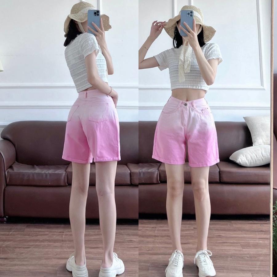 Quần short kaki wash phối 2 màu lưng cao ống rộng có Bigsize