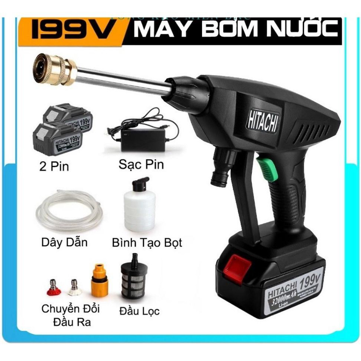 Máy rửa xe cầm tay dùng pin Hitachi 199V Áp lực mạnh mẽ pin sạc bền bỉ Đa chức năng dễ sử dụng 3 chế độ phun rửa Chuyên sử dụng vệ sinh ô tô xe máy vật Dụng Gia Đình Dễ Sử DụngVô Cùng Tiện Lợi.