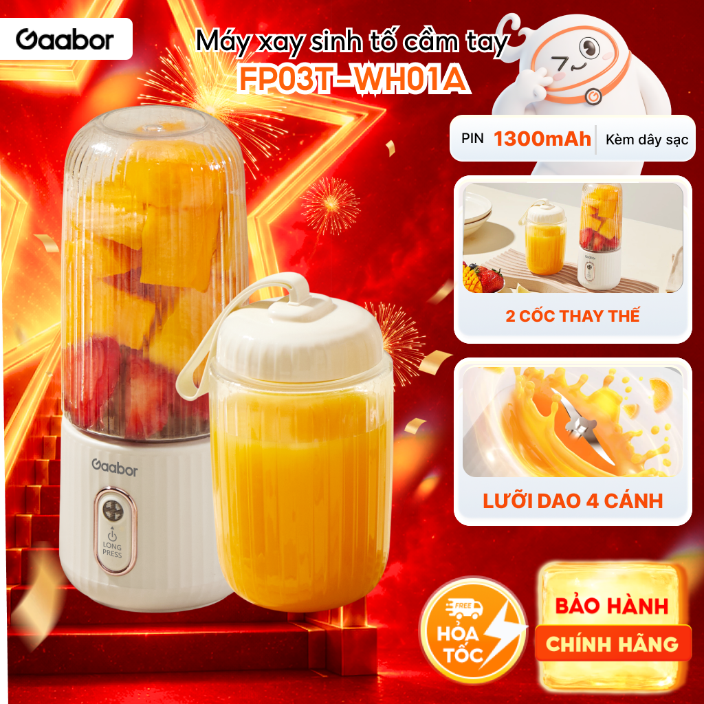 Nâng cấp - Cốc xay sinh tố cầm tay mini Gaabor FP03T-WH01A 350ml công suất 30W ly máy xay nhỏ gọn tiện lợi tích điện cổng sạc USB kèm 2 cốc tiện lợi - Bảo hành 1 đổi 1