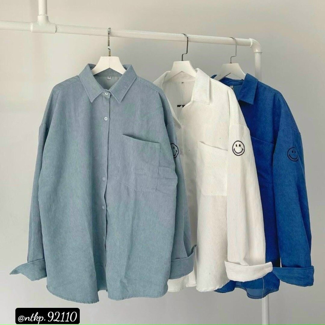 [GIẢM 10K CHO ĐH 119K]Áo Khoác, Áo Sơ Mi Nhung Gân Nữ LoGo Thêu Mặt Cười Phối Túi From Rộng Style Korea Sành Điệu ROSS FASHION