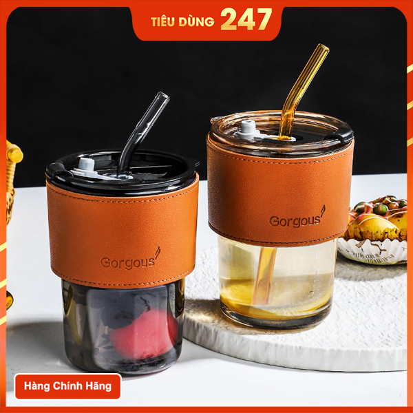 Cốc thủy tinh chịu nhiệt, Cốc thủy tinh bọc da kèm ống hút, có nắp đậy có ống hút, siêu xinh