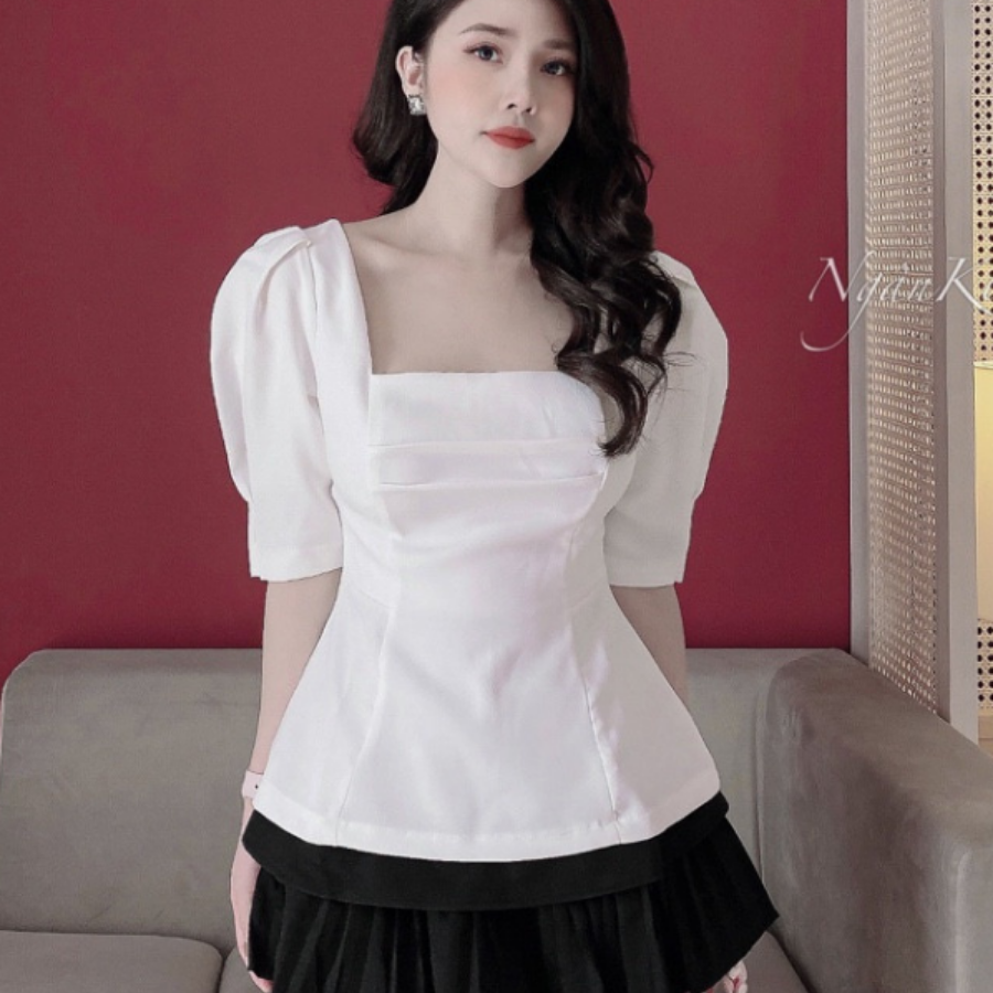 Áo kiểu nữ áo sơ mi nữ cổ vuông tay phồng tà xoè chiết eo - Hia Store