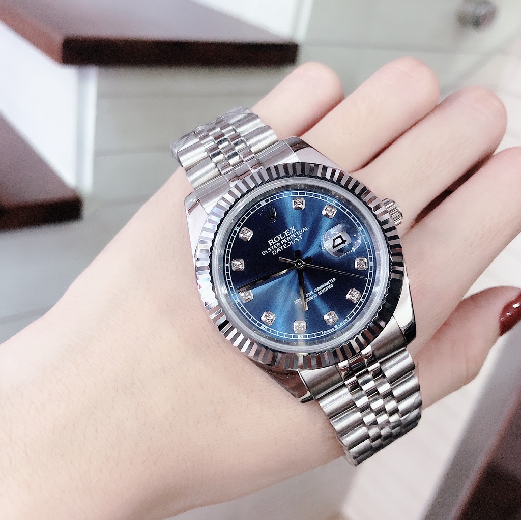 Đồng Hồ Rolex Nam Automatic Dây Bạc Mặt Khía Xanh 41mm