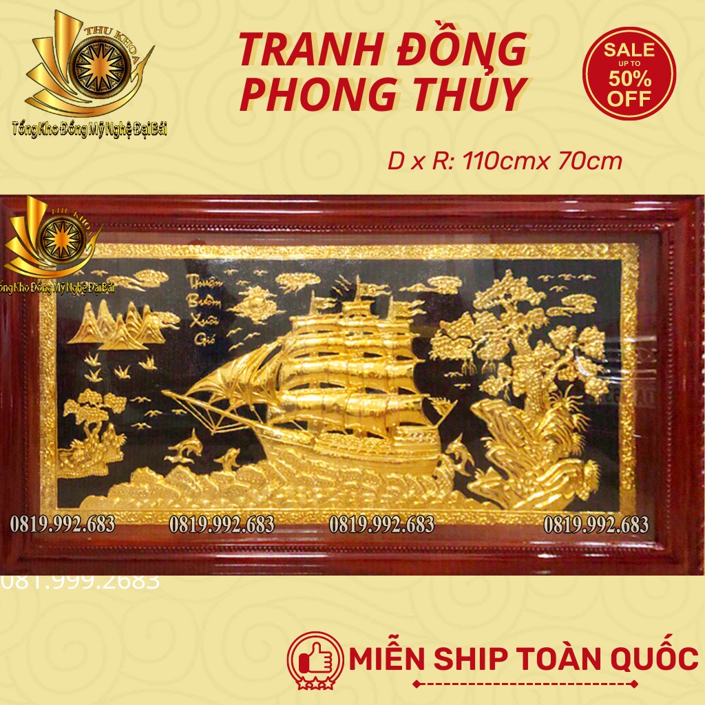 Tranh Đồng Thuận Buồm Xuôi Gió Mạ Vàng 24k Miễn Ship Tranh Treo Phòng Khách Quà Tặng Phong Thủy Đồng Vàng Freeship