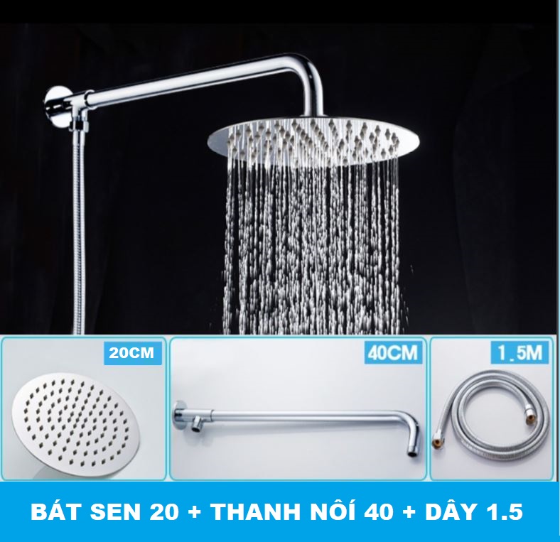Đủ bộ cần treo bát sen TRÒN tắm đứng kèm dây nối bằng Inox sáng bóng tiện lợi gồm bát sen cần treo bát và dây sen