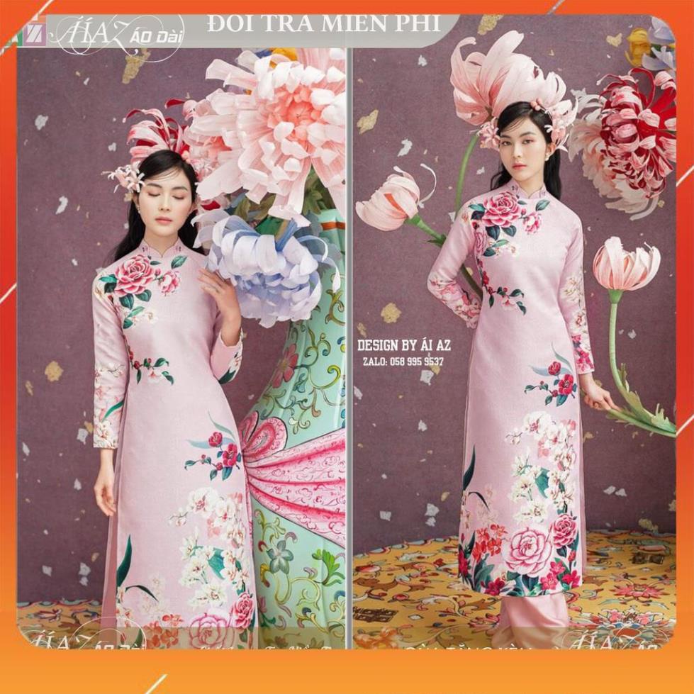 Áo Dài Truyền Thống Nữ Tết Gấm In Hoa HC02