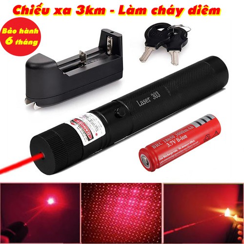 Đèn Pin Laser 303 Tia Đỏ Siêu Sáng Cao CấpĐèn pin laser 303 Cao Cấp tia đỏ, làm bút trình chiếu giảng dạy hiệu quả, nguyên bộ gồm Khóa, Pin Sạc Và Sạc