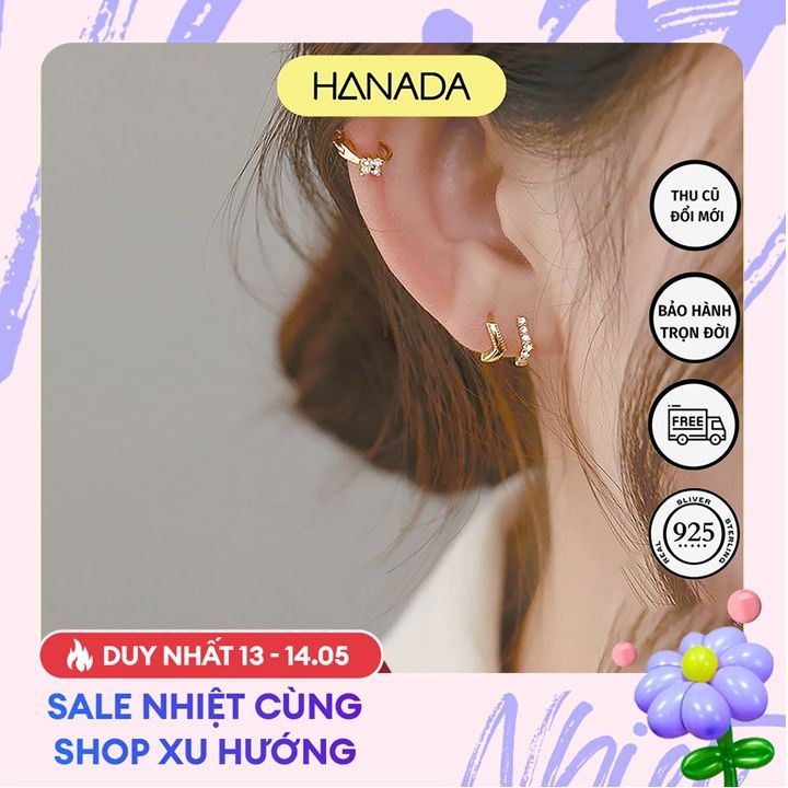 Khuyên tròn bạc 925 hanada khoen tai vòng tròn trơn đá đeo vành tai