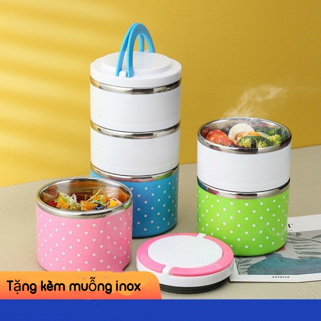 [Hỏa tốc 2h] Hộp đựng cơm giữ nhiệt 3 ngăn inox chống Tràn Cực Tốt Giữ Nhiệt Từ 5 - 6 Tiếng-Cà mên chấm bi-Camen giu nhiet 3 ngan