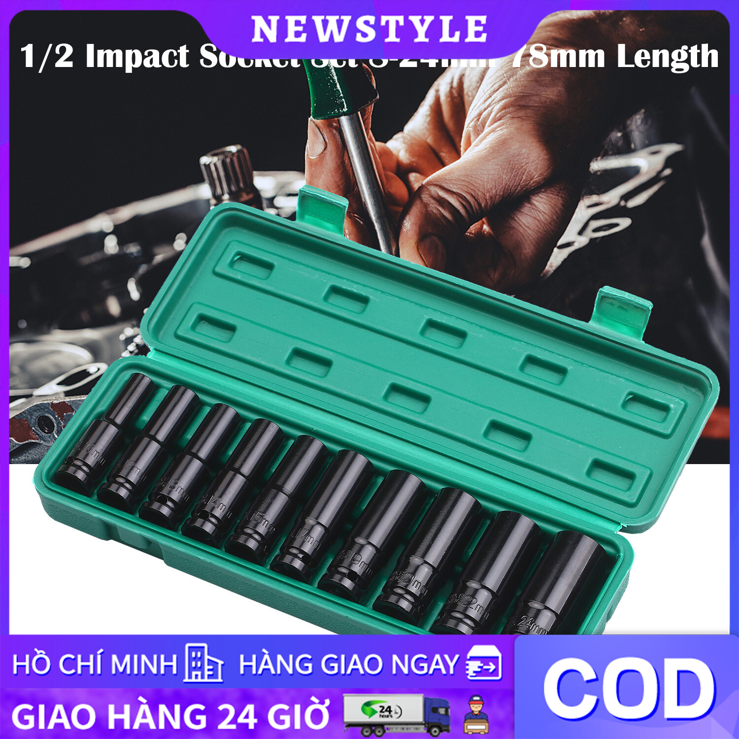  【HCM Vận Chuyển Nhanh Bộ 10 đầu khẩu đầu túyt Cao Cấp dùng cho máy siết bulong 1 2 -8-24mm Bộ chặn T&G chặn bi dài chặn đen bộ cờ lê điện 1 2" 4 hun số 8-10-12-13-14-16-17-19-21-24 kèm hộp 