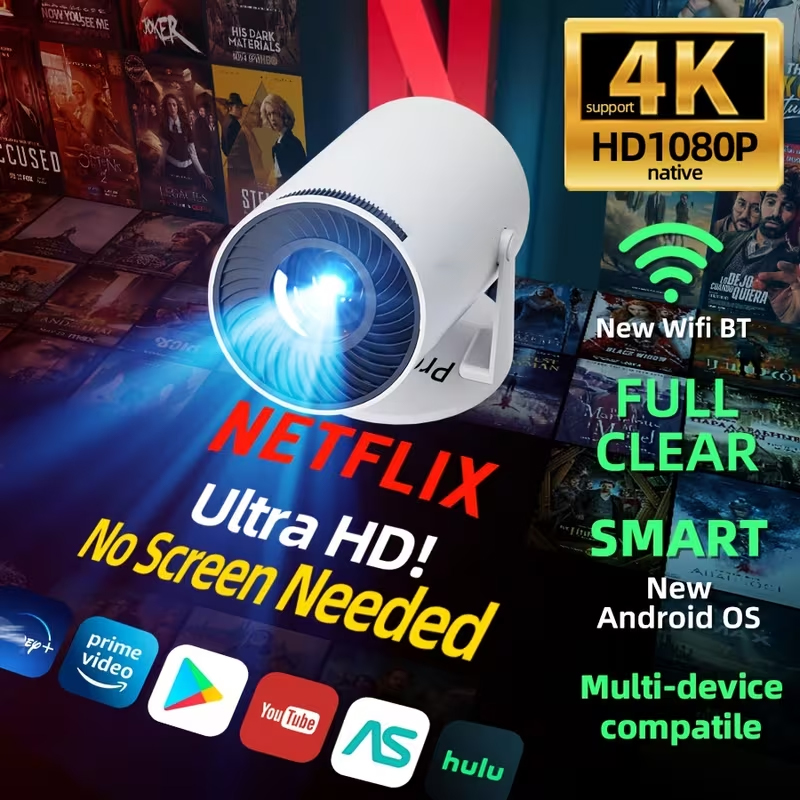ANYTROX Máy chiếu mini, 8000 lumen, màn hình HD 130 inch, kết nối Wi-Fi và Bluetooth kép, hỗ trợ YouTube/TikTok/Netflix và có tích hợp Google Play Store.