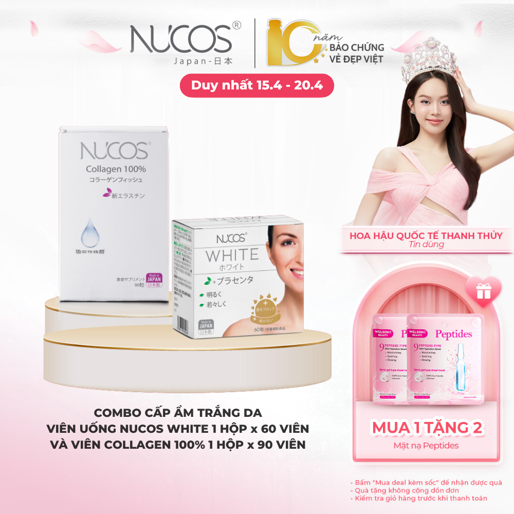 Combo Trắng Da Chống Lão Hoá Viên Uống Nucos White Hộp 60 Viên Và Nucos Collagen 100% Hộp 90 Viên